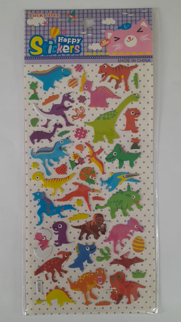 Sheet of colorful dinosaur stickers with 'Happy Stickers' packaging on a white background
